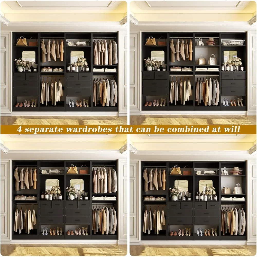 8.3-Foot Large Walk-In Closet Organizer with Drawers, Hanging Rods, and Mirrored Design