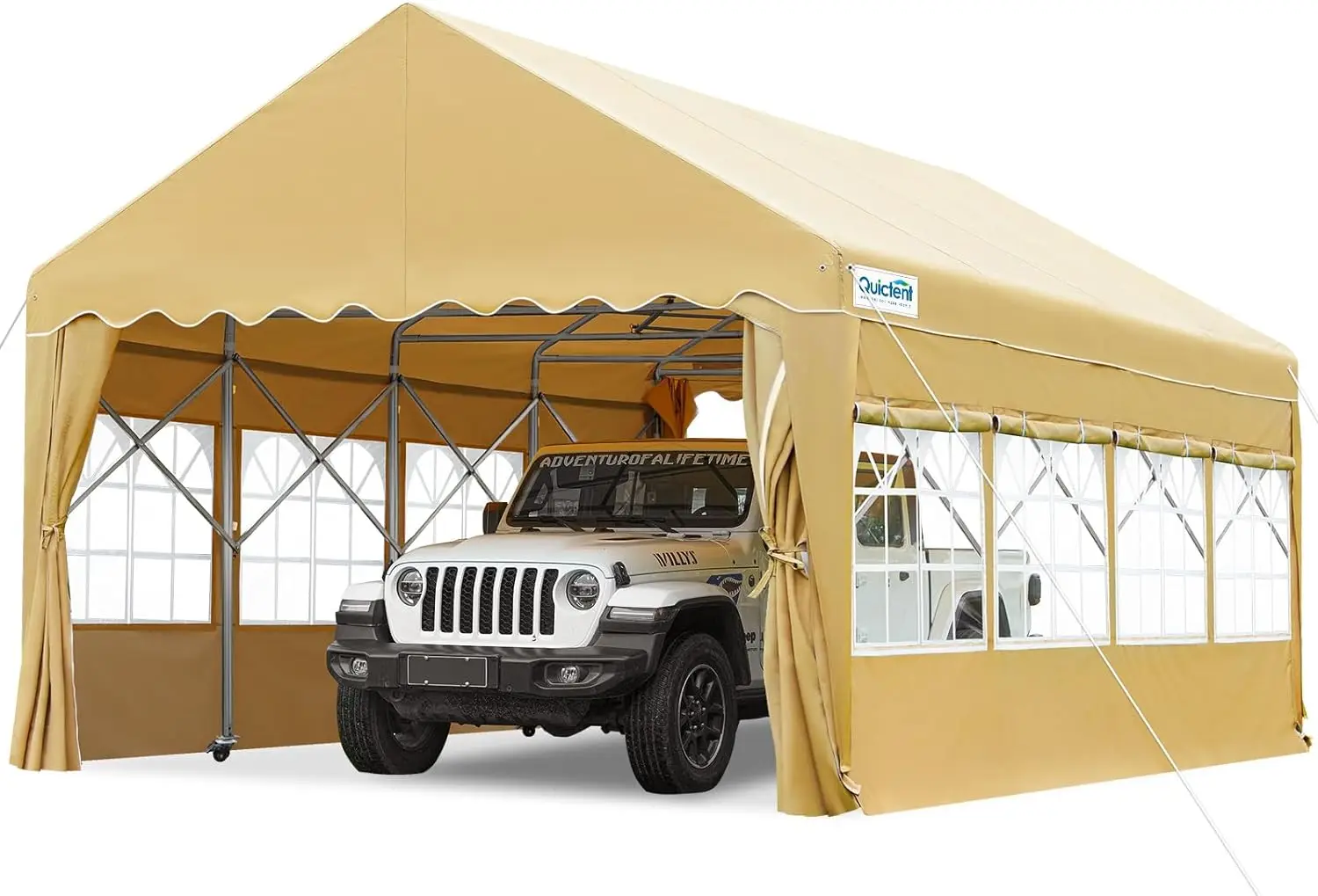 13'X20' Heavy Duty Carport Retractable Party Tent with Wheels Movable Shelter with Transparent Windows and Curtains