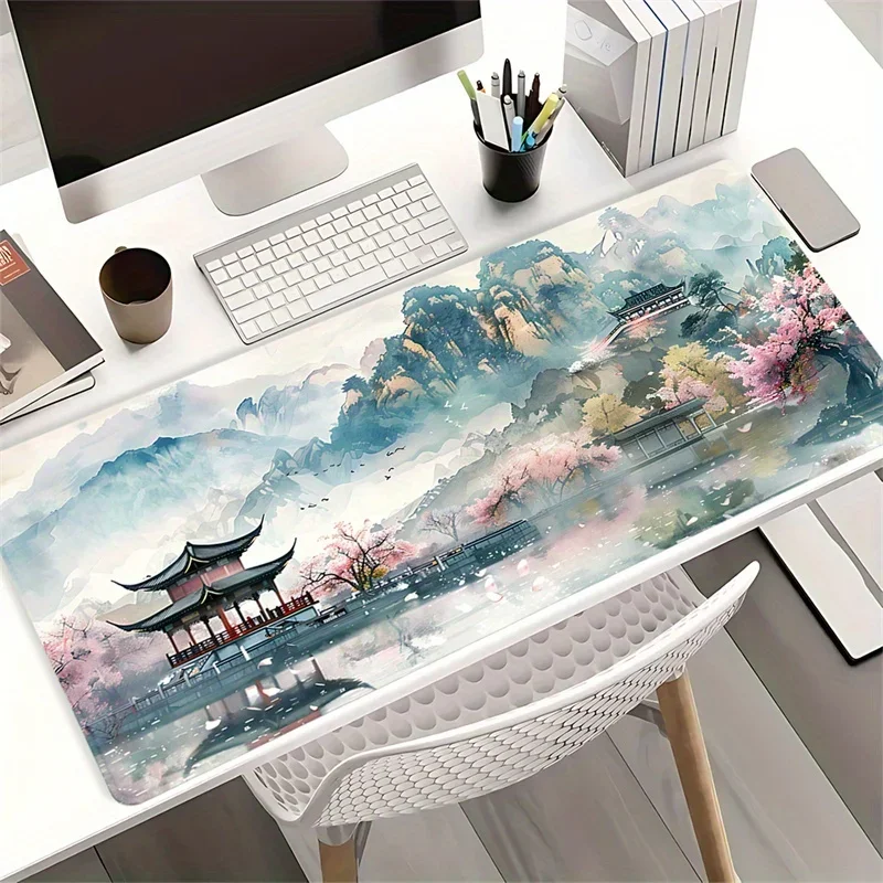 

Cherry Blossom Mountain View Large Table Mat with Non-Slip Rubber Base and Stitched Edge Office Mouse Mat for Home and Officee