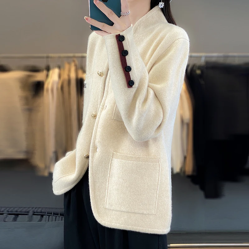 Women\'s Cardigan Autumn Winter New Knitted Sweater Fashion Thickened Stand Up Collar Cardigan Korean Version Large Clothing Top