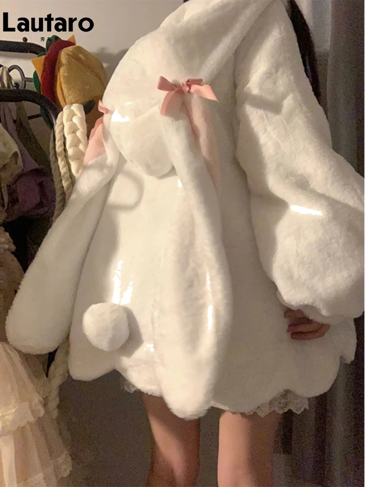 Lautaro-Faux Fur Coat with Bear Ears for Women, Luxury Fluffy Jacket, Kawaii, Warm, Color Block, Autumn, Winter, Sweet, Cute