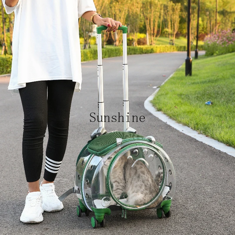 Pet cat out trolley case dog portable aviation panoramic transparent breathable double shoulder bubble bag