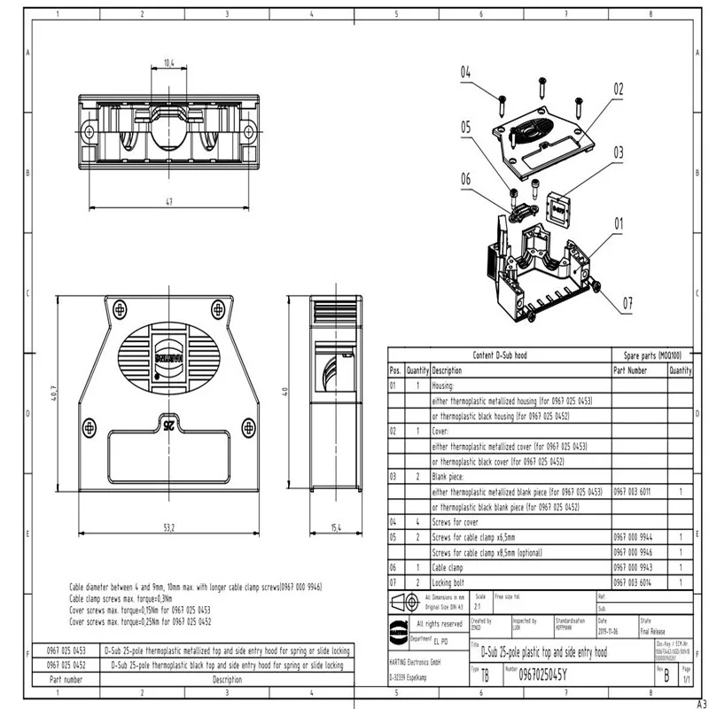 09670250453 HARTING D-Sub 3 25P top/side outlet subminiature D connector