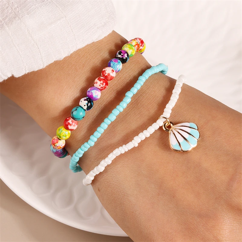 3-teiliges Set Modische Handgefertigte Perlenarmbänder für Frauen, Legierungs-Muschel-Herz-Anhänger-Armbänder, Schmuckgeschenke für Mädchen, Party, Festival – Detail 2