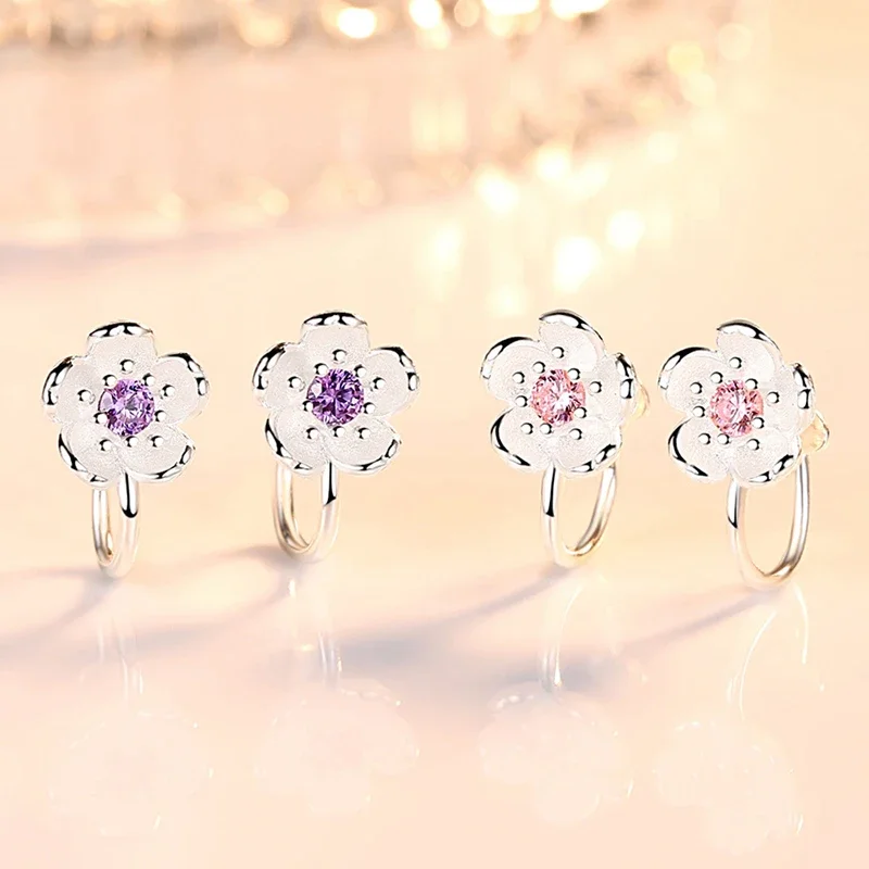 Women\'s Fashion Cherry blossoms Flower Clip Earrings Lovely Sakura Cuff Earring For Japanese Cute Earring Accessories Gifts