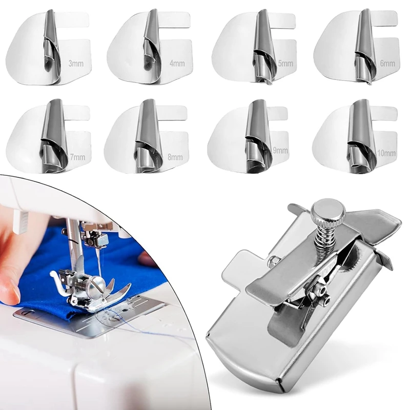 A21I-Sewing Rolled Hemmer Foot And Magnetic Seam Guide, 3/4/5/6/7/8/9/10Mm 8 Sizes Wide Rolled Hem Presser Foot