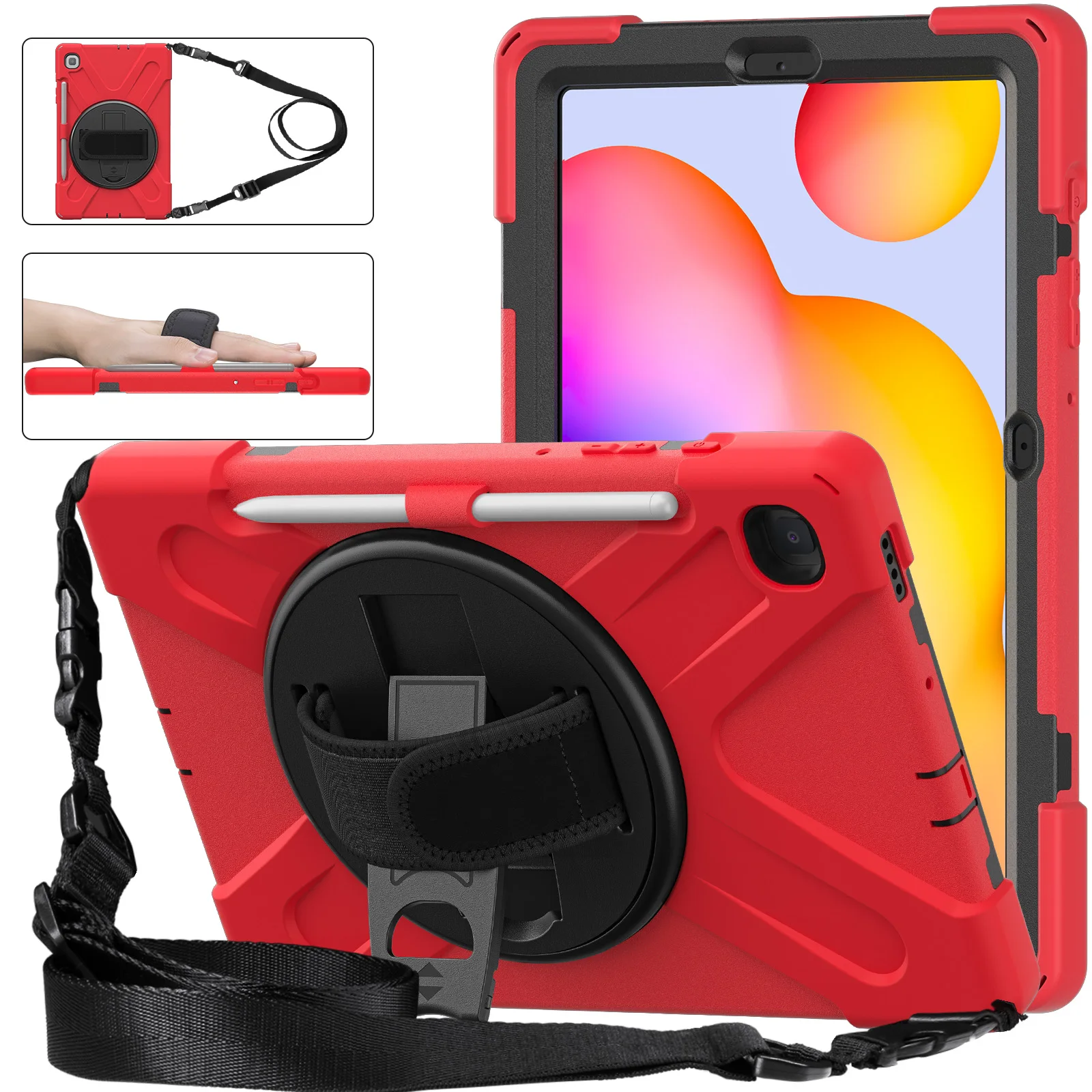 For Samsung Galaxy Tab S6 Lite stand case SMP620 P610 P613 P615 P619 anti-knock cover holder with pencil slot and shoulder strap