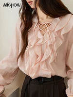 MISHOW Pink Ruffled Blouse for Woman 2025 Autumn New Elegant Sweet V-neck Lace-up Design Shirt Lantern Sleeves Top MXE49X2504 - Image 4