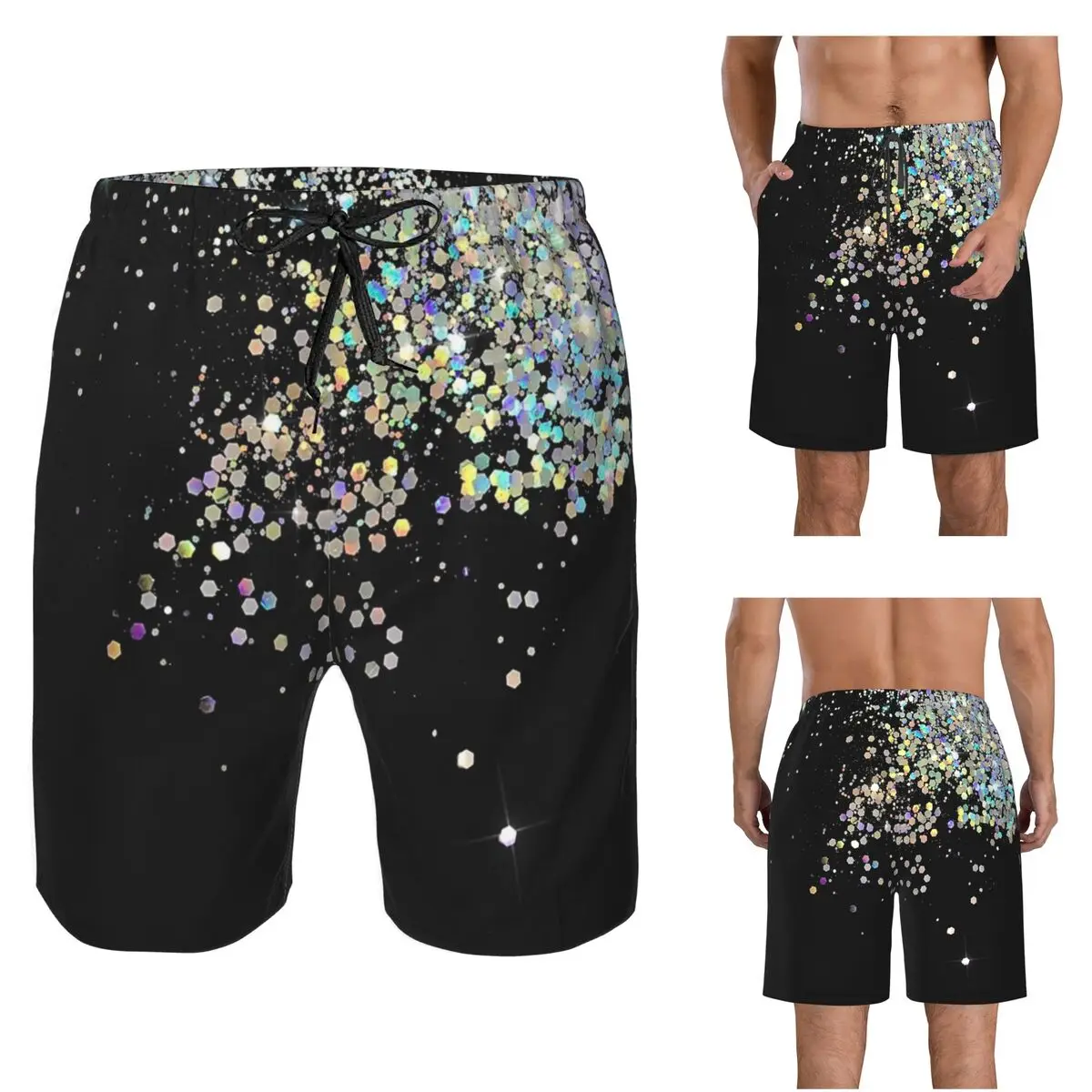 Black And Holographic Sparkle Trunks Beach Board Shorts Casual Quick Dry Swim Summer Men Pants
