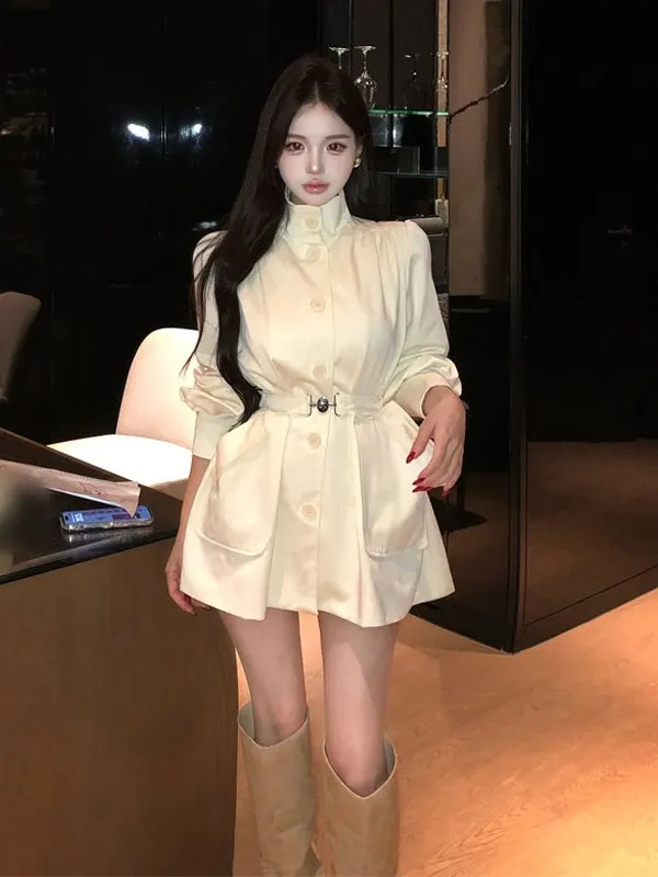

Elegant Short Coat Jacket Women's Spring Design Sense Waist-Cinching Stand Collar Korean Style Commute Regular Sleeve Long