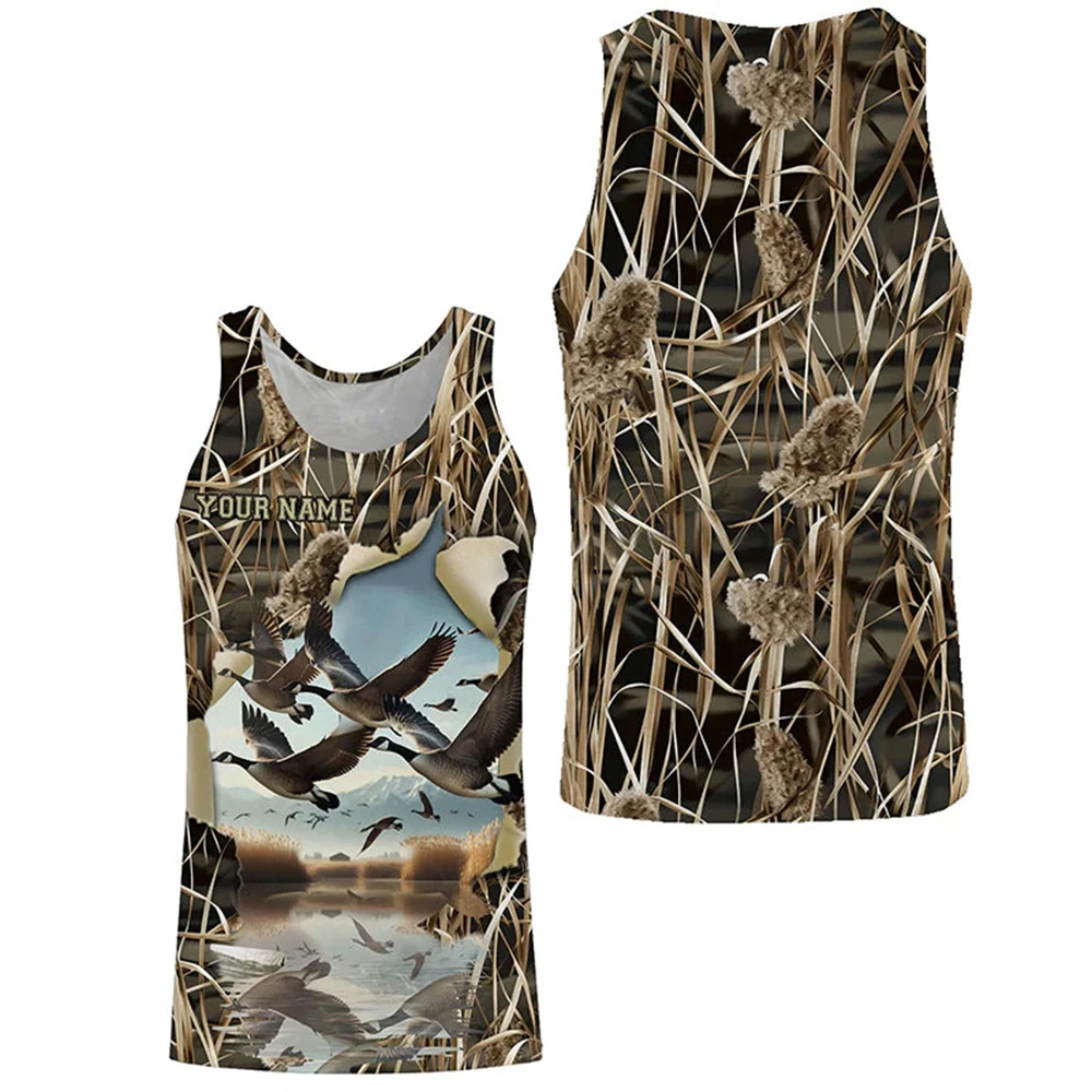 Custom Name Duck Hunting Tank Tops Mallard Duck With Camo Reed Background Graphic Sleeveless Shirts For Men Hunting Workout Tops