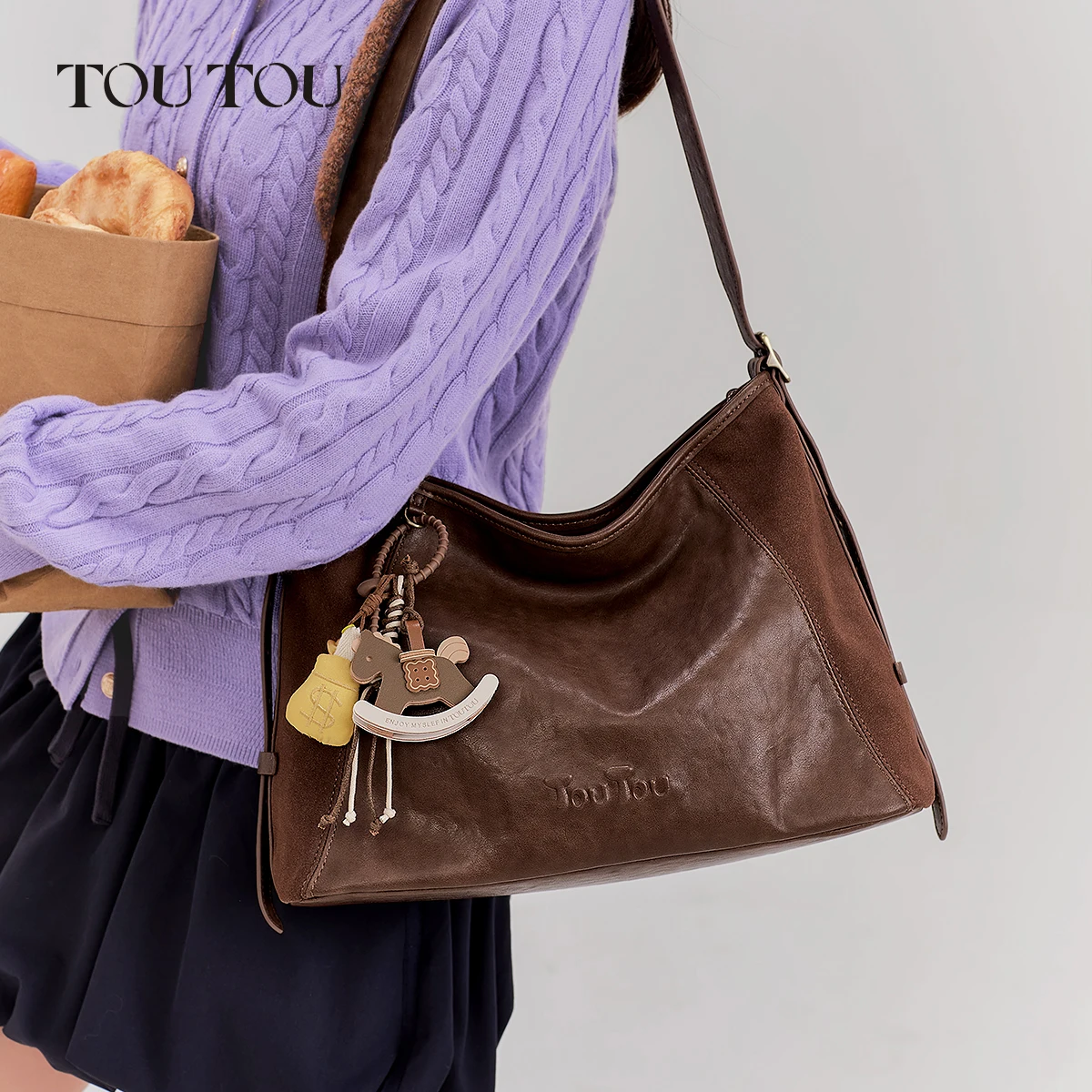

toutou Brown PU Leather Work Shoulder Bag -Large Capacity Simple Female Crossbody Bag Solid Color Commuting Bag Women Female
