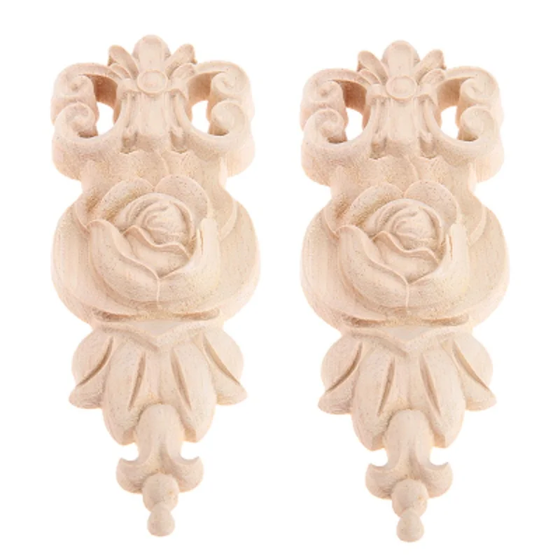 2Pc Wood Carved Onlay Appliques Natural Unpainted Rose Pattern Decor for Door Furniture Cabinet Desk Leg Decal Ornamental 13x5cm