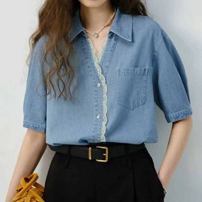 Women Denim Shirt Lace Trim Lapel Short Sleeve Loose Casual French Style Summer Blouse Tops