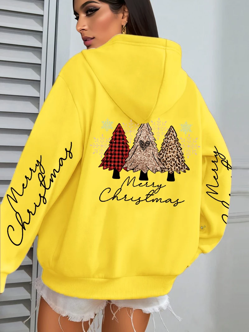 Merry Christmas Leopard Plaid Trees Pattern Hoodies Women Hip Hop Autumn Hoodie Pocket Loose Streetwear Fleece Y2K Pullovers