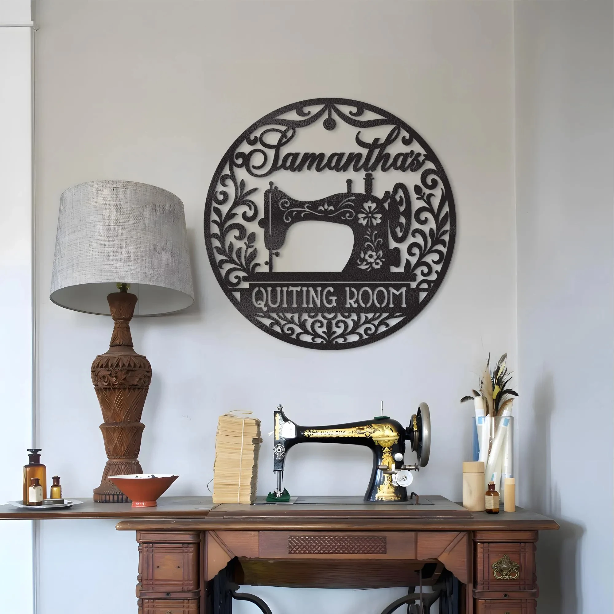 Sewing Machine Metal Wall Art – Custom Quilting Room Sign, Personalized Sewing Studio Decor, Gift for Seamstress