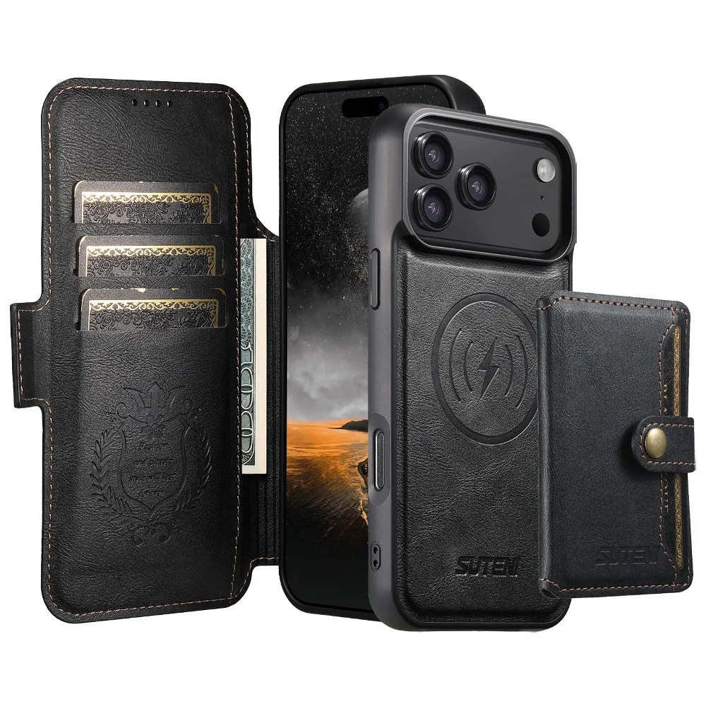 حافظة محفظة قابلة للفصل مع غطاء هاتف مغناطيسي قابل للطي لهاتف iPhone 17 Air 16 15 14 13 12 Pro Max مع دعم الشحن اللاسلكي
