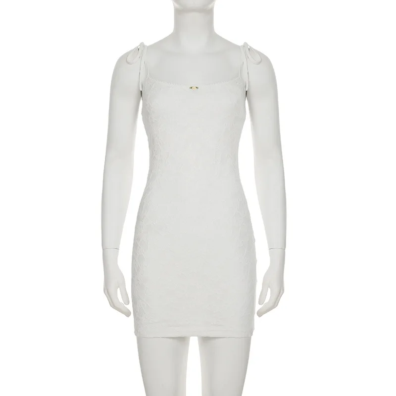Moda feminina renda vestido de verão elegante em torno do pescoço cinta sem mangas mini vestidos 2025 branco bodycon curto praia vestido de férias