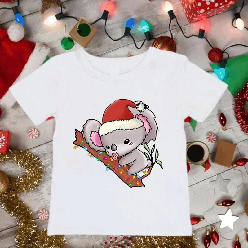 New Christmas Koala Lights Print Kids T-shirt Baby Boys Girls Short-sleeved Top Tees Cute Animals Tshirt Merry Christmas T Shirt