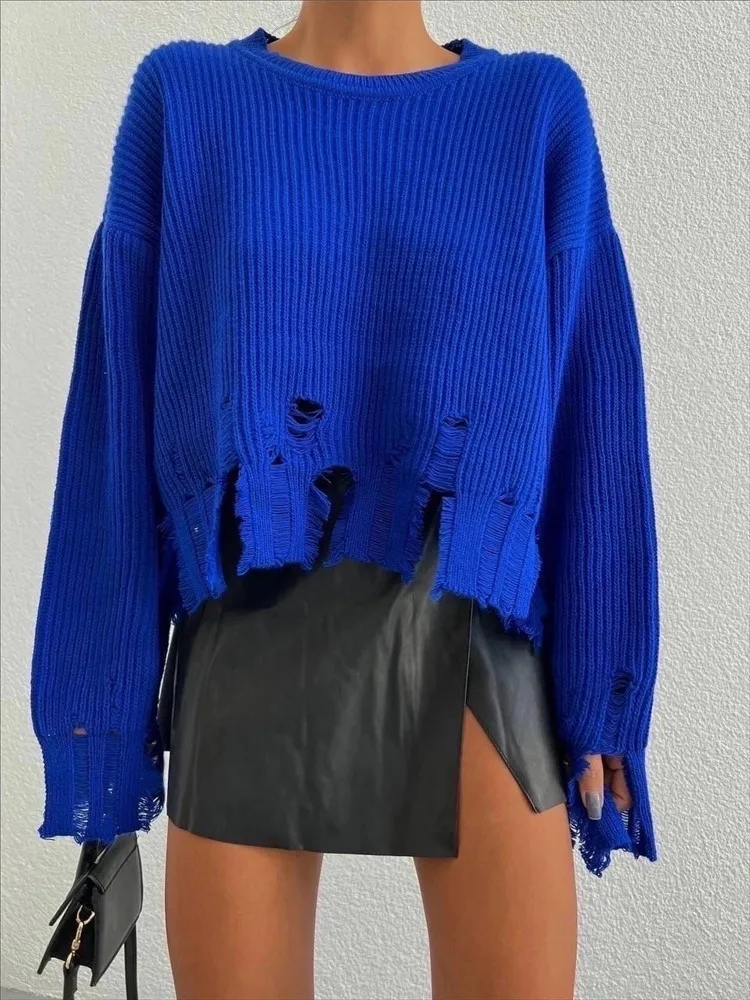 New Winter Women‘s Sweater Long Sleeve Top Loose Sexy Jumper Ladies Casual Hole Ripped Knitted Pullovers for Women 2023 Clothing