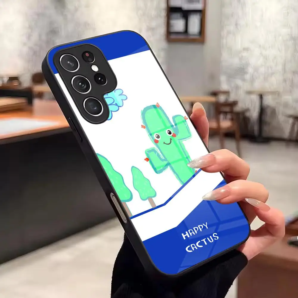 INS Cartoon Happy Cactus Phone Case For Samsung Galaxy A57 A37 A27 A17 A56 A16 A26 A55 A15 A54 A53 Glass Phone Case