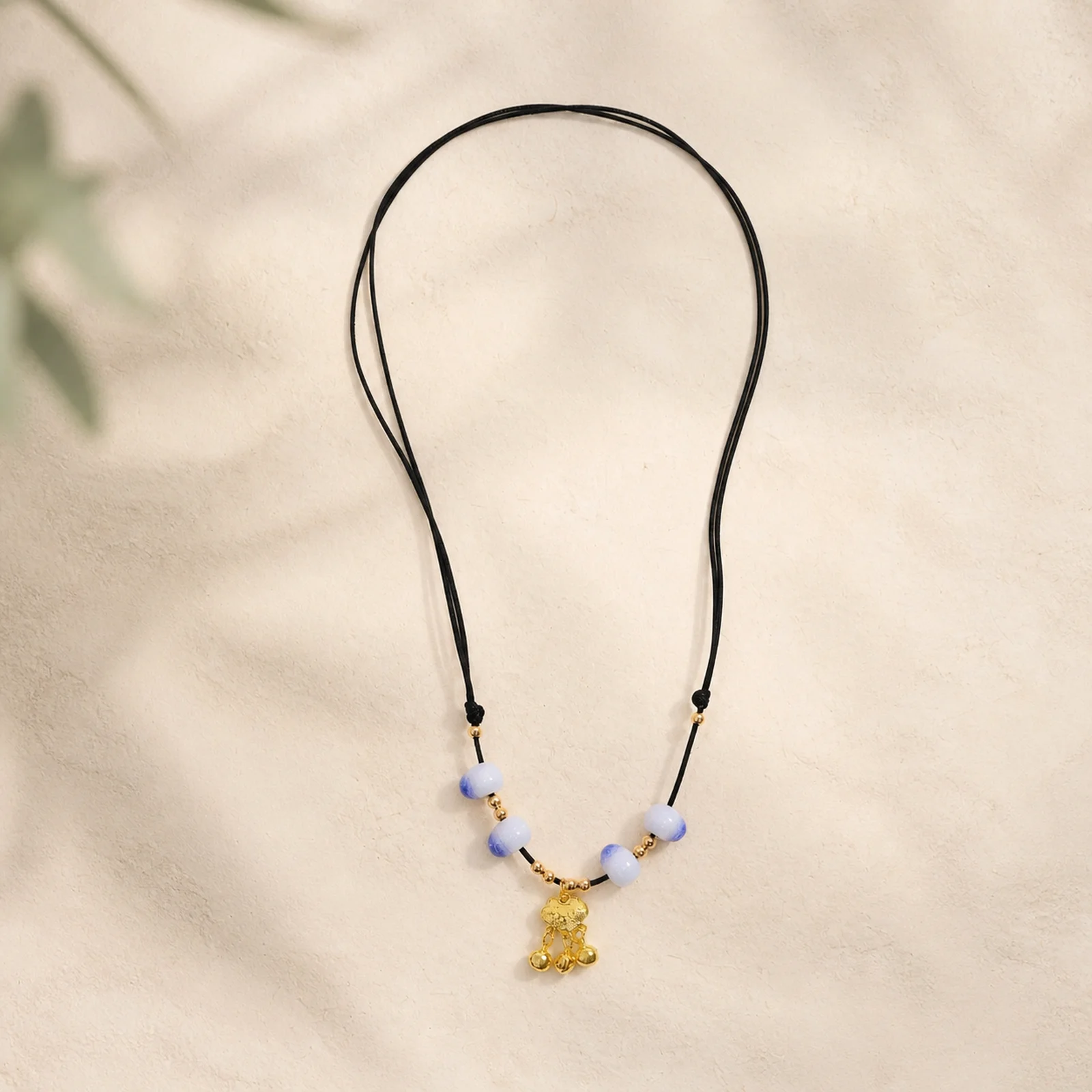 Purple Crackle Glaze Ceramic Bead Necklace with Gold Tone Lock Bell,Hand Braided Wax Cord Adjustable 608P7-13