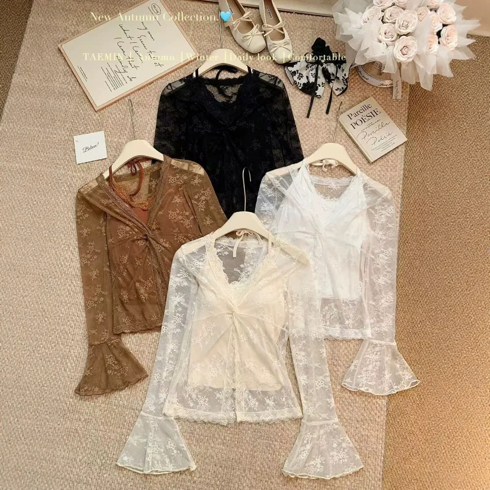 Halter Top Hot Girl Twist Front V-Neck Faux Layered Lace Patchwork for Girls Spring Summer New Flared Sleeve Blouse for Women