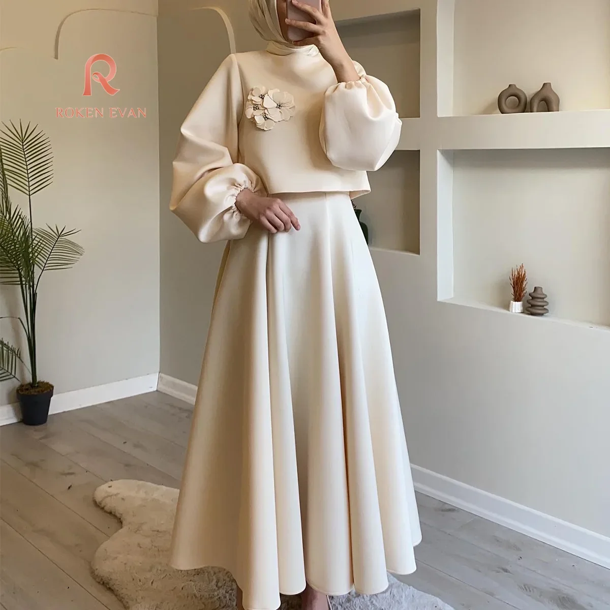 ROKEN EVAN 2024  Autumn New Middle East Dubai Flower Lantern Sleeve  Women's Dress Set Muslim Two-piece Set Women Outfit 202