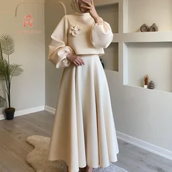 ROKEN EVAN 2024  Autumn New Middle East Dubai Flower Lantern Sleeve  Women's Dress Set Muslim Two-piece Set Women Outfit 202