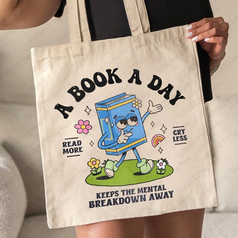 A Book A Day Keep The Mental Breakdown Pattern Tote Bag Canvas Shoulder Bag for Readers Shopping Bags Gift for Reading Lovers