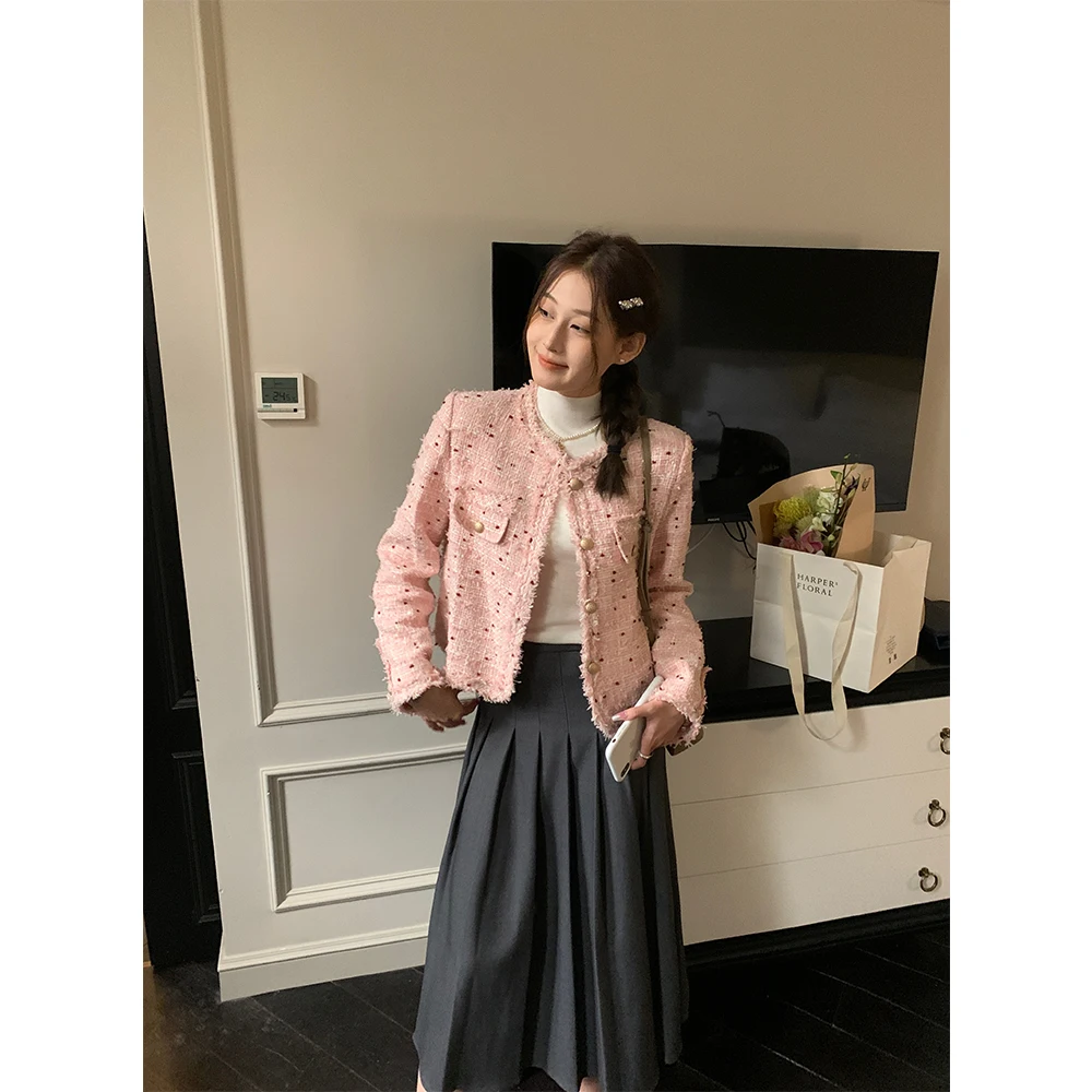 

Chic Polka Dot Fringe Little Bla Dr Sle Outerwear Women's ort Coat Spring Autumn Straight Cut Regular Length