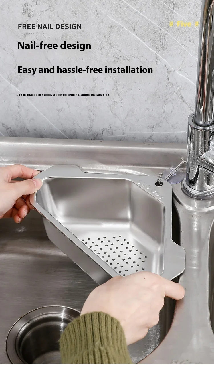 Neue Küchenspüle aus Edelstahl, Asphaltkorb, neues dreieckiges Filternetz 304, Pool-Lagerregal, Asphaltregal, Spüle – Detail 7