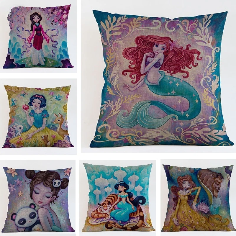 

Cartoon Girls Mermaid Cushion Cover Rapunzel Linen 45*45cm Pillow Cover Car Sofa Throw Pillow Cover Home Decorative Pillowcase