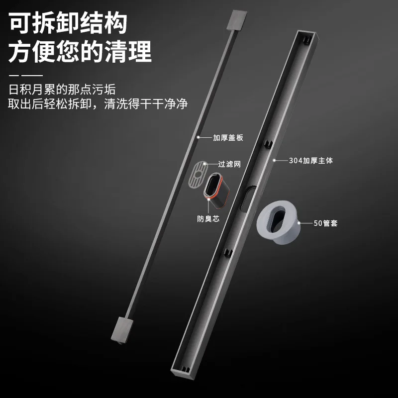 Long very narrow linear floor drain 304 invisible sunken bathroom toilet side row deodorant floor drain