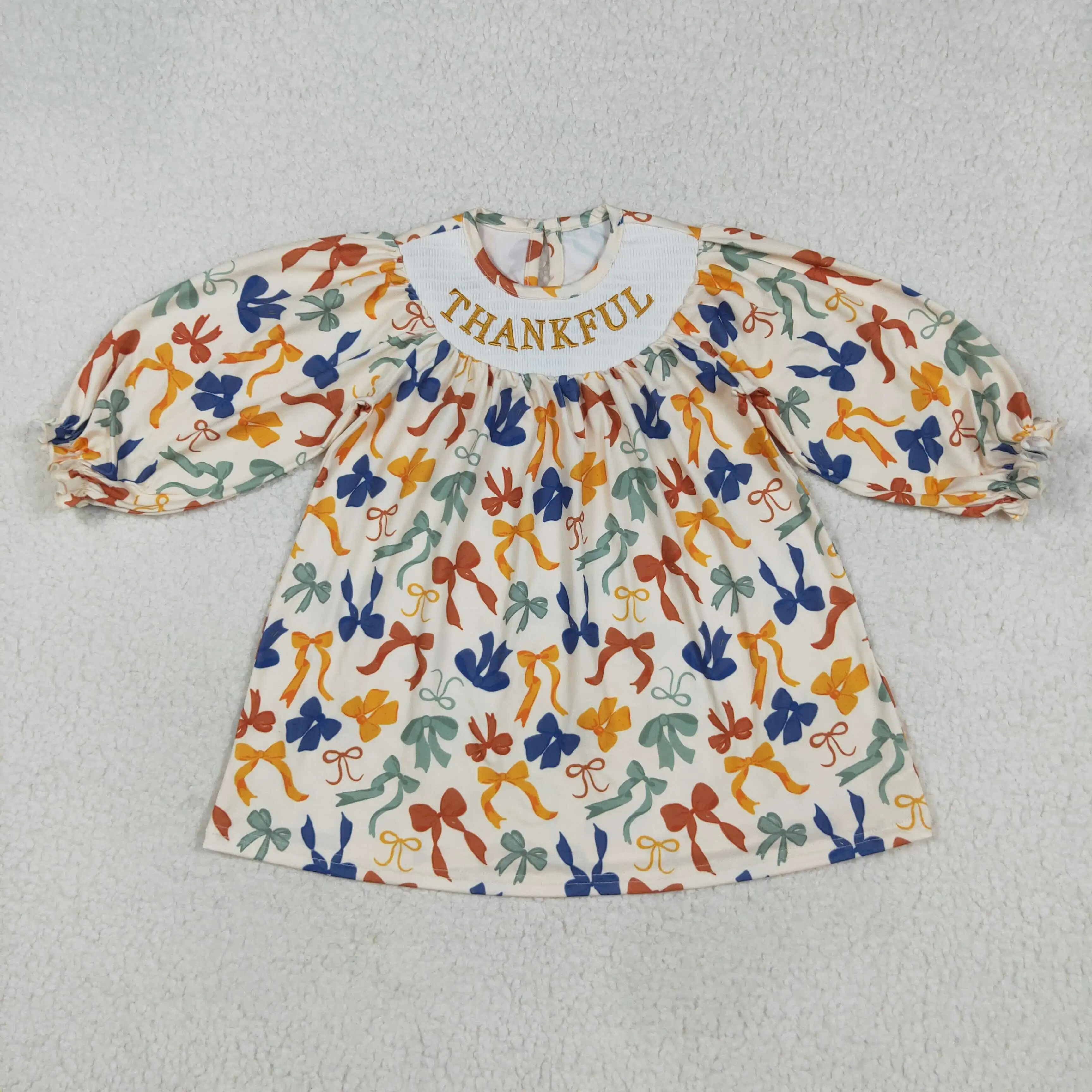 

Baby Girls Thanksgiving Themed Smocked Embroidery Dress Colorful Bows Knee-Length Long Sleeve Outfit for Girls
