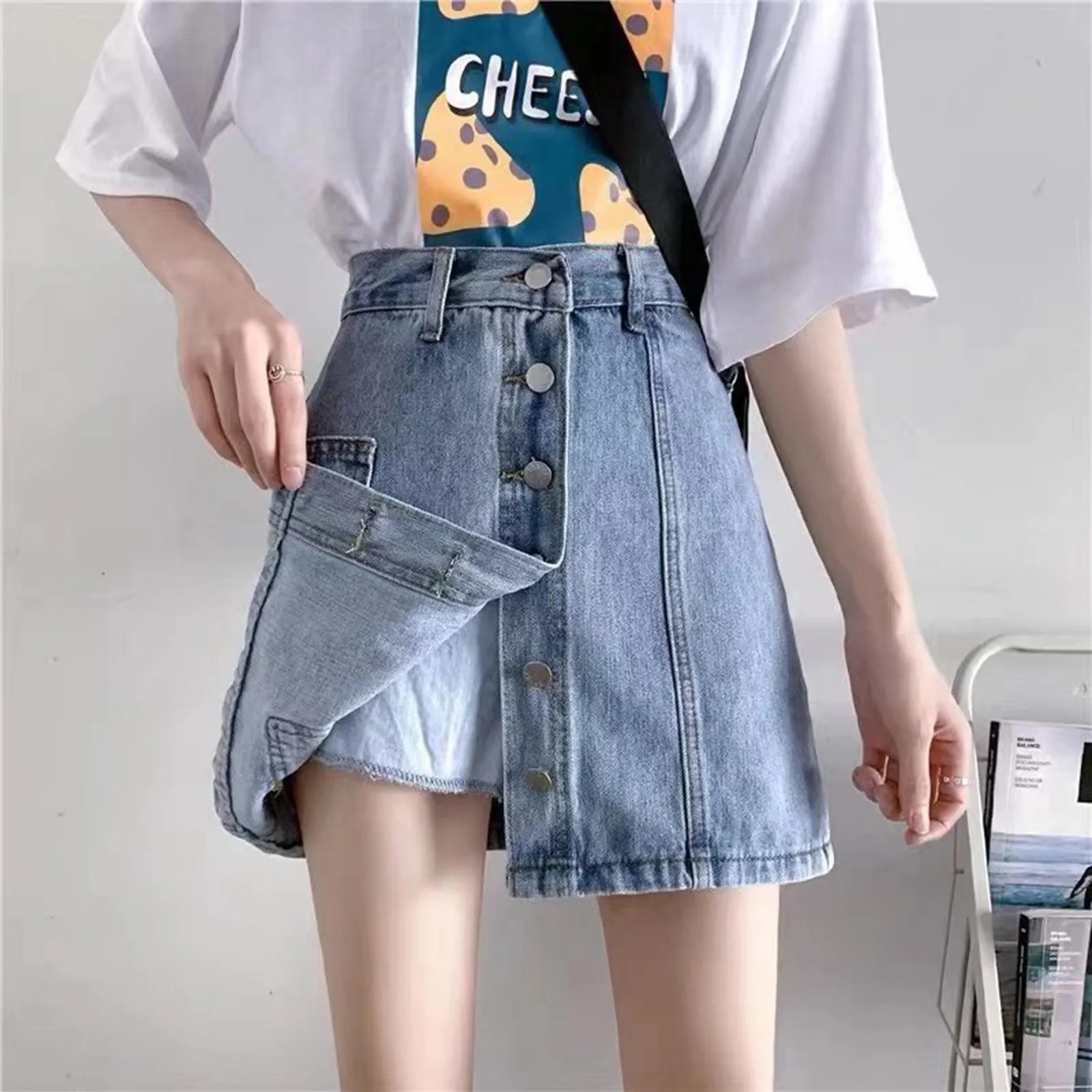 Women's Summer Denim Irregular Design Feeling Single Breasted Glare Button  A Line Fashion Korean Style Jeans Skirt Pants