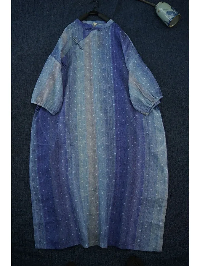 

Summer 2025 Starry Cotton Linen Artistic Overhead Lantern Sleeve plus Size Loose Retro A-Line Dress Chinese Collar Print