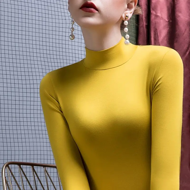 Solid Color Casual Autumn Winter T-Shirts 2025 New Korean Style Modal High Neck Slim Fit Long Sleeve Women's Yellow Tees Tops