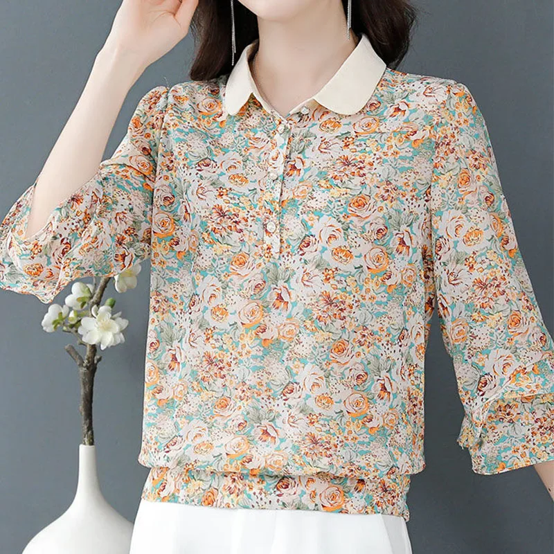 Elegant Fashion Printed Ruffles Chiffon Shirt Spring Summer Polo-Neck Female Clothing Three Quarter Sleeve Casual Loose Blouse