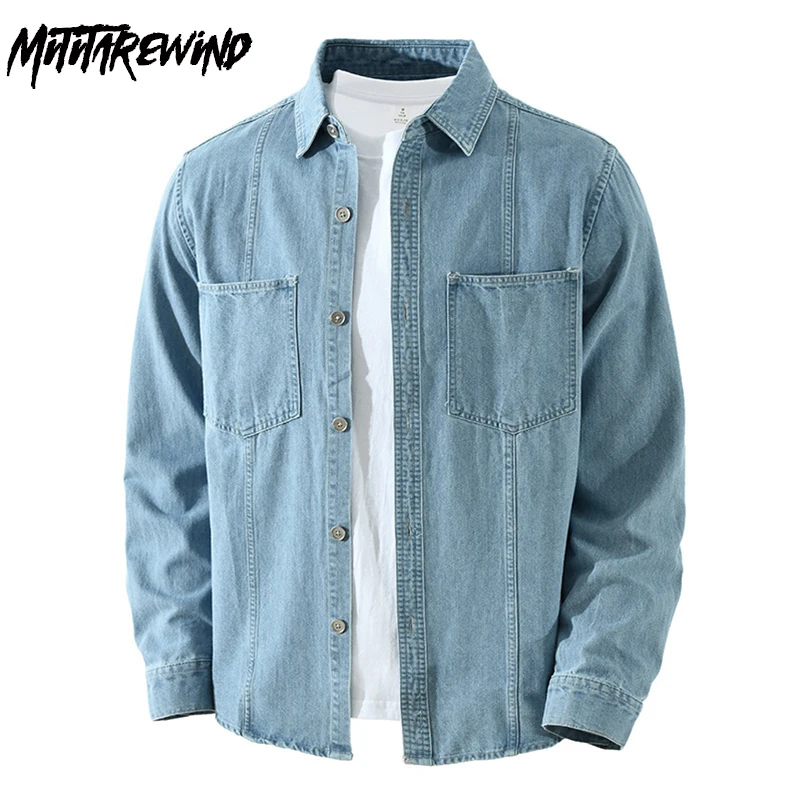 

Korean Style Denim Long Sleeve Shirt Men Spring New Mens Shirts Double Pocket Blue Jean Shirts Male Casual Cowboy Shirt Jacket