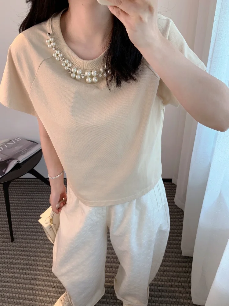 

Pure Cotton ort Sve T-irt Women's Loose Pearl Collar Design Casual Summer Top Thoeychen Brand Straight Cut Thin Fabric