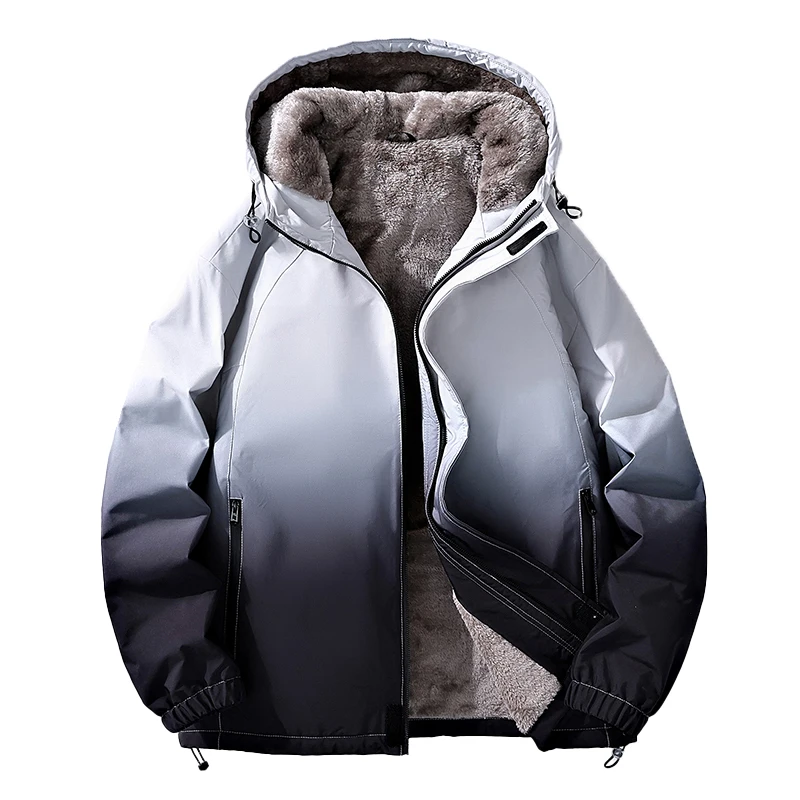 New winter hooded and fleece jacket, men's gradient trend brand harbour wind loose mountain outdoor waterproof hardshell jacket