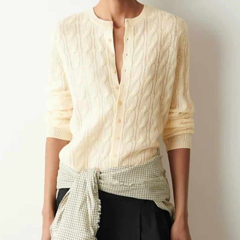 Maxdutti Nordic Minimalist Women's Beige Twisted Knitted Wool Cardigan 2026 Autumn Sweater Tops Women's Jacket Woman Clothes