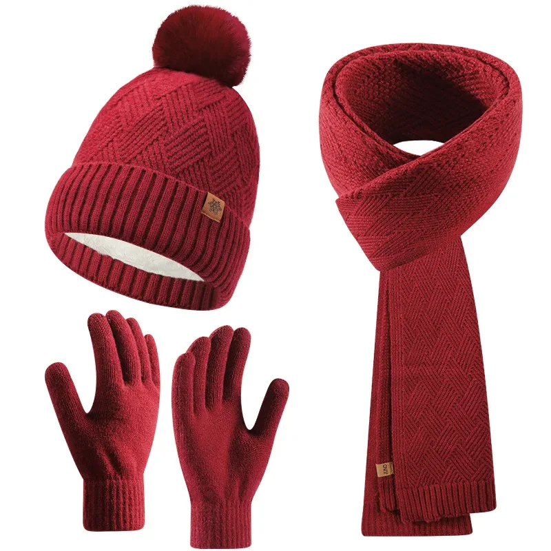 Women Autumn Winter Outdoor Warmth Double Layer Knitted Hat Knitted Hat Scarf Gloves Three-piece Set Hairball Simple Windproof