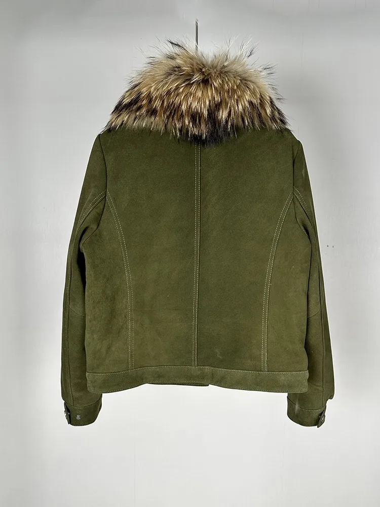 Leisure Female Zipper Fashion Genuine Leather Short Jacket Loose Long Sleeves Fur Collar Solid Color Sheep Suede Warm Outwear