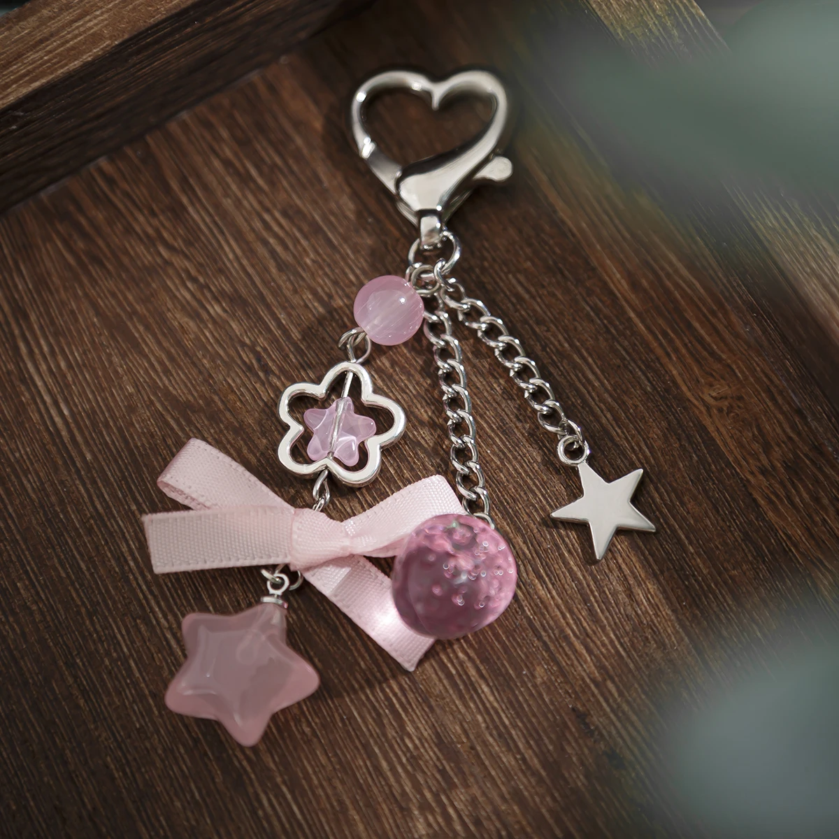 Ingemark requintado arco rosa pentagrama pingente chaveiro feminino elegante doce grânulo de vidro tira cor sacos chaveiro novas jóias