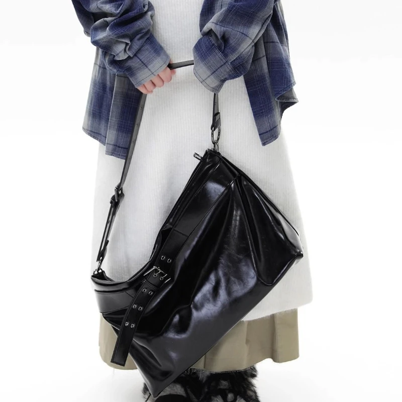 Black Double Hole Belt Tote Bag Trendy Babes Wide Shoulder Strap Large Capacity Messenger Bag High Quality High Appearance Level