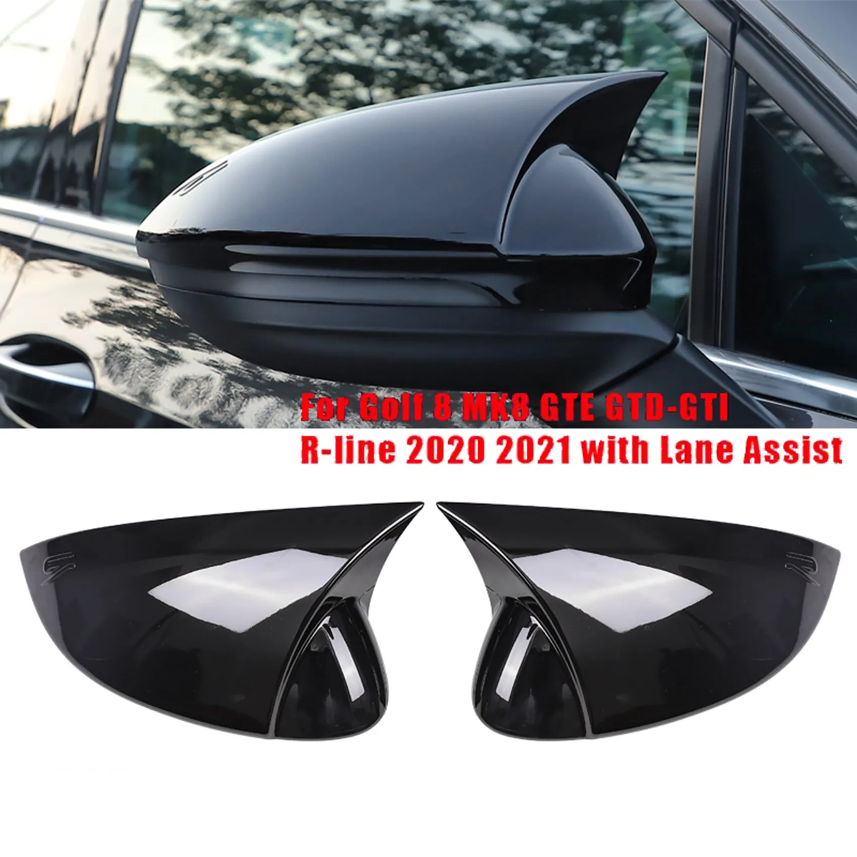 Black Side Mirror Rearview Mirror Cover Cap Ox Horn for Golf 8 MK8 GTE GTD-R-Line 2020 2021 with Lane Assist