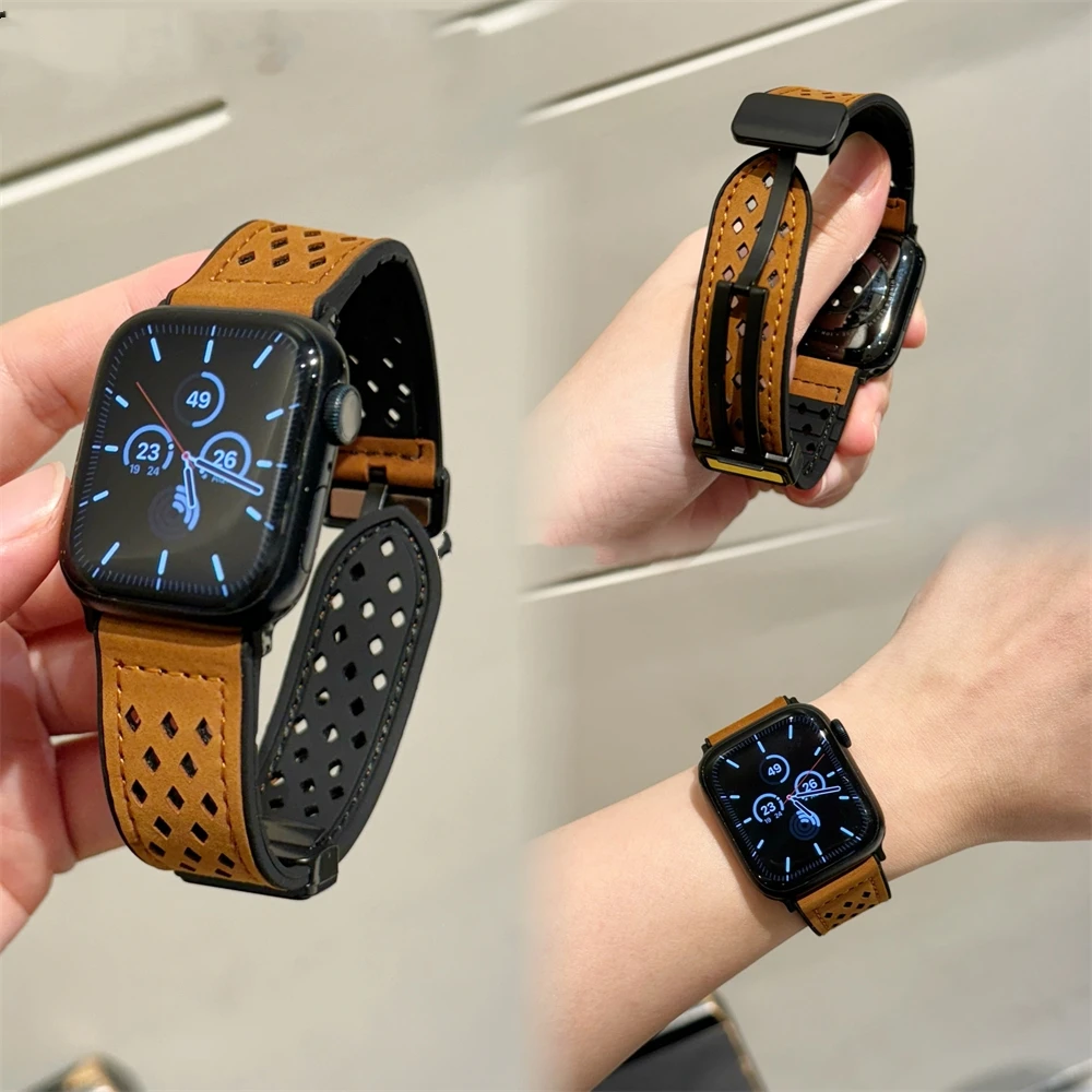 Luxury Leather Breathable Hole Band For Apple Watch 44 40 45 41 49 42 38mm Magnetic Buckle Strap For Ultra Serie 9 8 SE 7 6 5 4