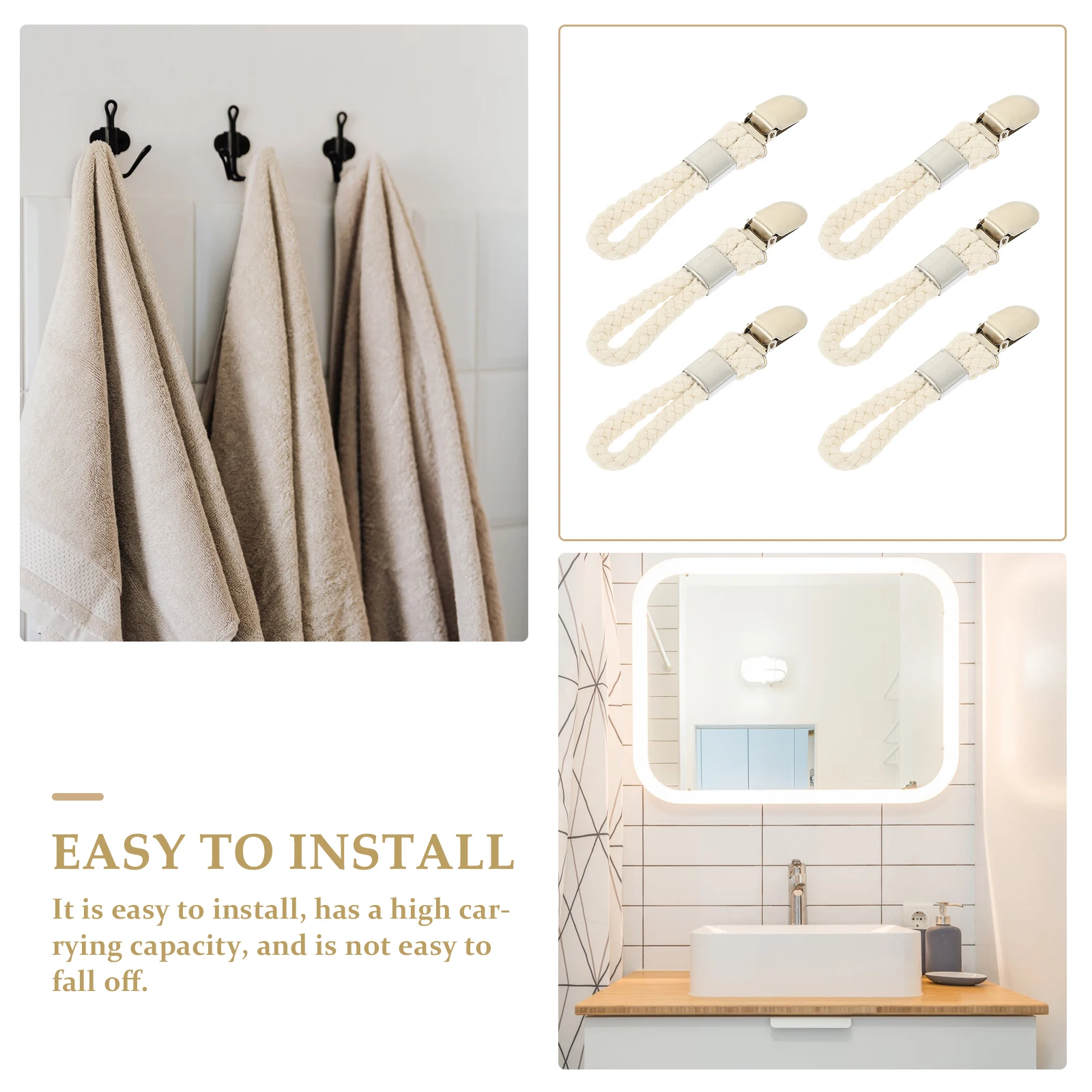 

6Pcs Hanging Towel Clips Hooks Wear Resistant Towel Holders with Cotton Rope Loop for Bathroom Kitchen Laundry